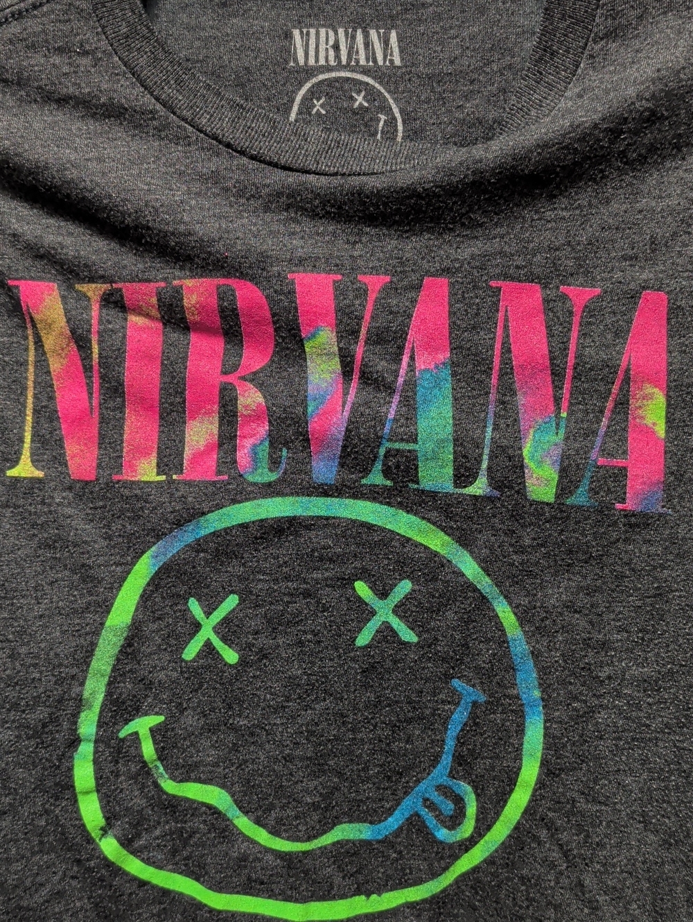 NIRVANA Short-Sleeve Tee in Charcoal with Neon Pink, Green & Blue Print